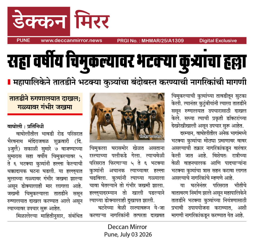 वाघोलीत सहा वर्षीय चिमुकल्यावर भटक्या कुत्र्यांचा हल्ला